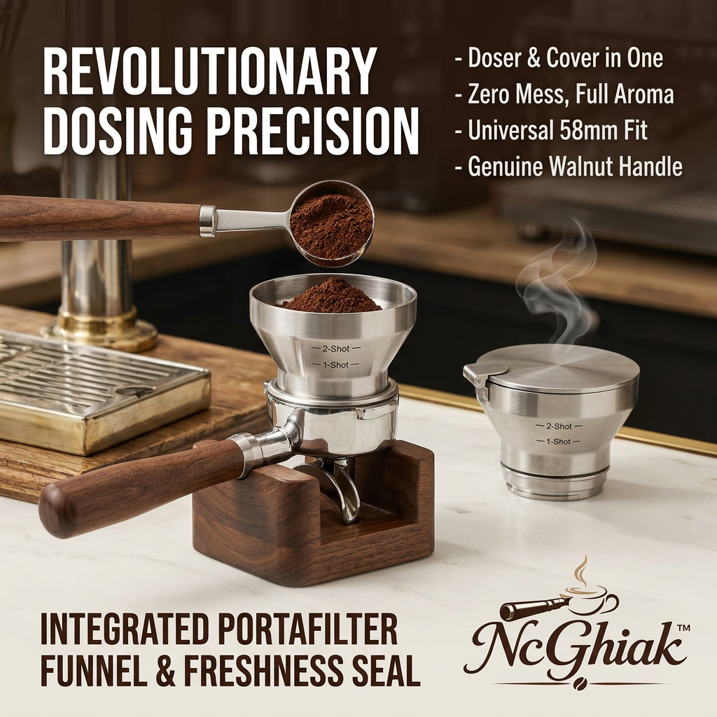 NcGhiak™ 58mm Espresso Dosing Funnel and Coffee Scoop Set - 2-in-1 Portafilter Dosing Ring with Freshness Seal Lid, Genuine Walnut Handle Measuring Spoon, 1-Shot & 2-Shot Markings, Mess-Free Barista Accessories