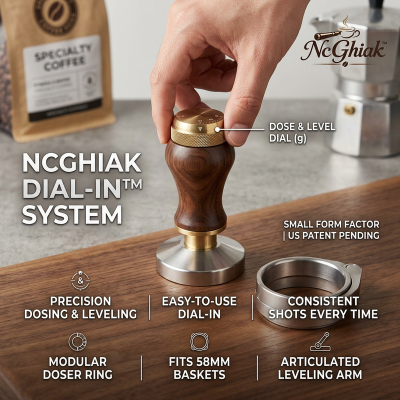NcGhiak™ DIAL-IN™ 58mm Espresso Tamper and Distributor | Precision Coffee Leveling Tool with Adjustable Dose & Depth Dial, Modular Doser Ring & Articulated Leveling Arm | Premium Walnut Wood & Stainless Steel Barista Tool for Consistent Extraction