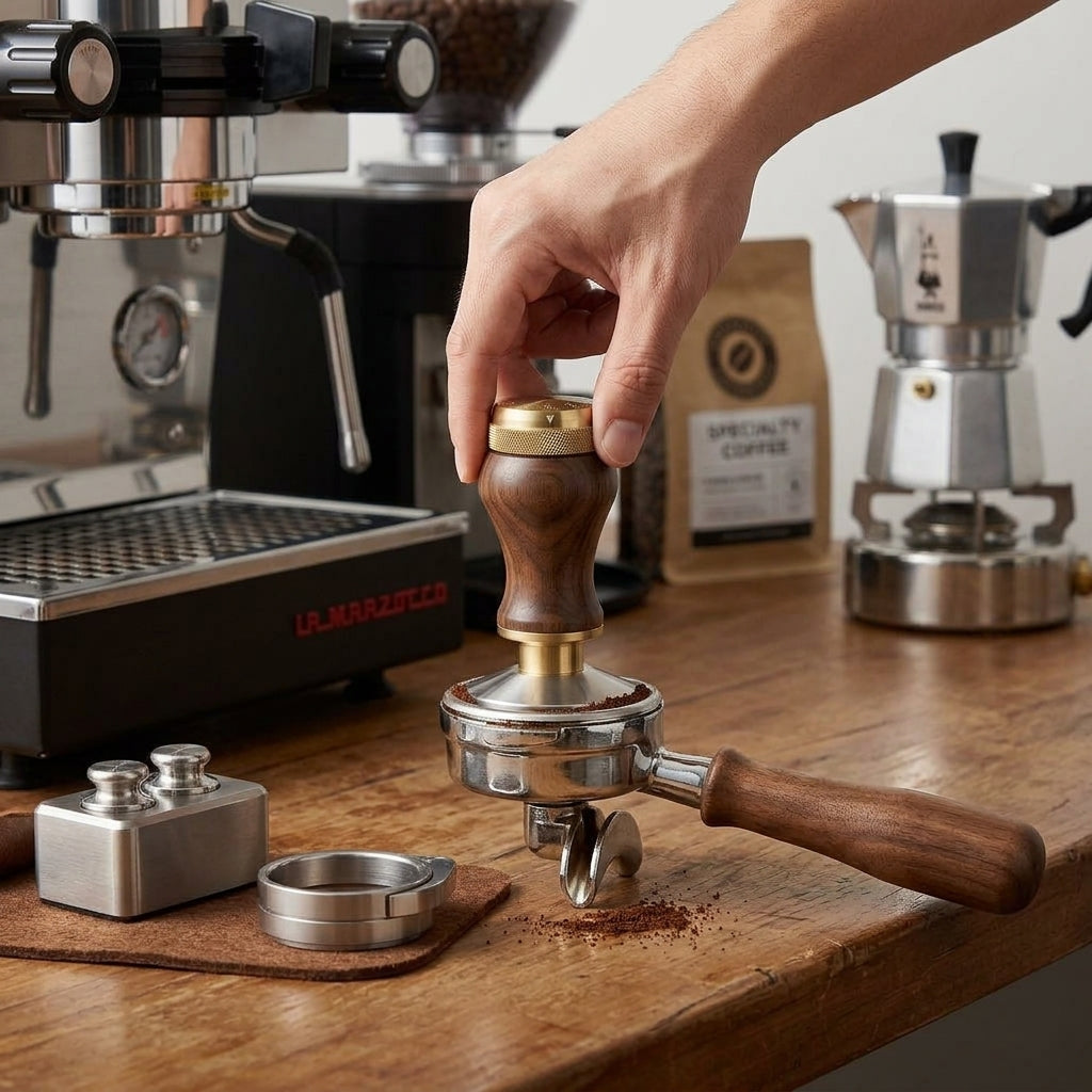 NcGhiak™ DIAL-IN™ 58mm Espresso Tamper and Distributor | Precision Coffee Leveling Tool with Adjustable Dose & Depth Dial, Modular Doser Ring & Articulated Leveling Arm | Premium Walnut Wood & Stainless Steel Barista Tool for Consistent Extraction