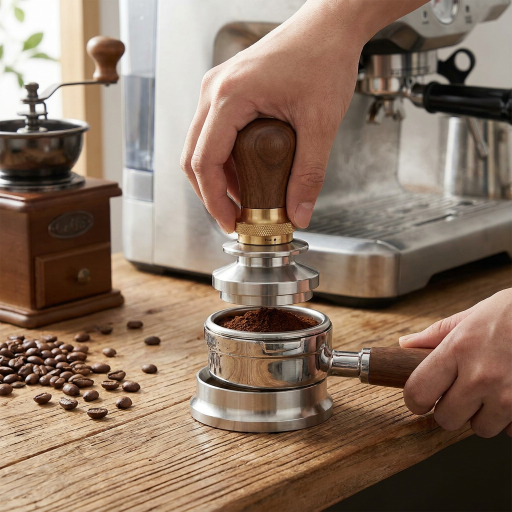 NcGhiak™ DIAL-IN™ 58mm Espresso Tamper and Distributor | Precision Coffee Leveling Tool with Adjustable Dose & Depth Dial, Modular Doser Ring & Articulated Leveling Arm | Premium Walnut Wood & Stainless Steel Barista Tool for Consistent Extraction