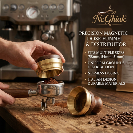 NcGhiak™ Precision Magnetic Espresso Dosing Funnel & Coffee Distributor Set - Fits 51mm/54mm/58mm Portafilters - Premium Walnut Wood & Brass Espresso Accessories for Home Baristas, Mess-Free Coffee Powder Ring & Leveler Tool