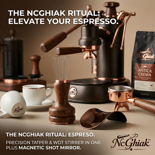 NcGhiak™ 2-in-1 Espresso Tamper and WDT Tool Set with Magnetic Shot Mirror | Premium Walnut Wood & Rose Gold Coffee Needle Distributor, Bottomless Portafilter Extraction Mirror, Professional Barista Accessories Kit
