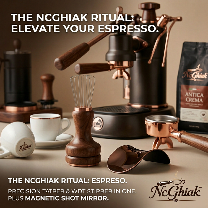 NcGhiak™ 2-in-1 Espresso Tamper and WDT Tool Set with Magnetic Shot Mirror | Premium Walnut Wood & Rose Gold Coffee Needle Distributor, Bottomless Portafilter Extraction Mirror, Professional Barista Accessories Kit