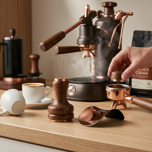 NcGhiak™ 2-in-1 Espresso Tamper and WDT Tool Set with Magnetic Shot Mirror | Premium Walnut Wood & Rose Gold Coffee Needle Distributor, Bottomless Portafilter Extraction Mirror, Professional Barista Accessories Kit