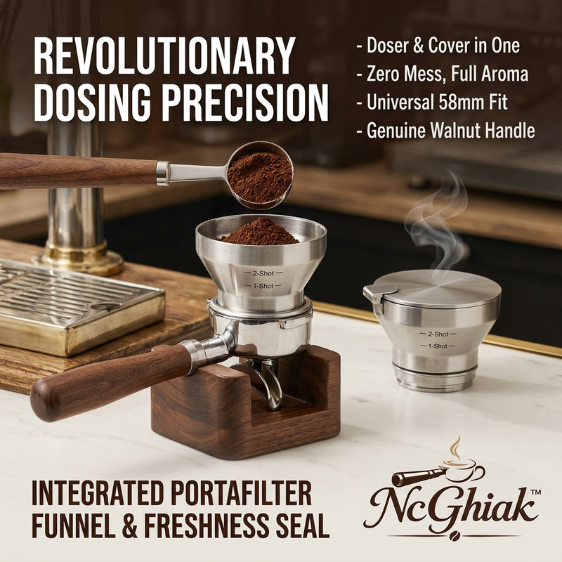 NcGhiak™ 58mm Espresso Dosing Funnel and Coffee Scoop Set - 2-in-1 Portafilter Dosing Ring with Freshness Seal Lid, Genuine Walnut Handle Measuring Spoon, 1-Shot & 2-Shot Markings, Mess-Free Barista Accessories