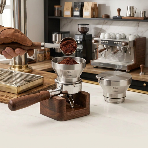 NcGhiak™ 58mm Espresso Dosing Funnel and Coffee Scoop Set - 2-in-1 Portafilter Dosing Ring with Freshness Seal Lid, Genuine Walnut Handle Measuring Spoon, 1-Shot & 2-Shot Markings, Mess-Free Barista Accessories