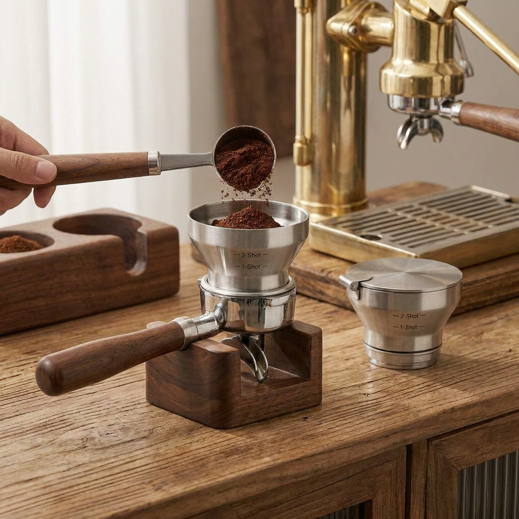 NcGhiak™ 58mm Espresso Dosing Funnel and Coffee Scoop Set - 2-in-1 Portafilter Dosing Ring with Freshness Seal Lid, Genuine Walnut Handle Measuring Spoon, 1-Shot & 2-Shot Markings, Mess-Free Barista Accessories