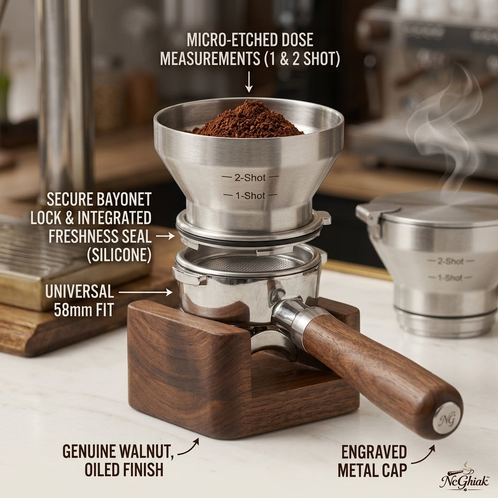 NcGhiak™ 58mm Espresso Dosing Funnel and Coffee Scoop Set - 2-in-1 Portafilter Dosing Ring with Freshness Seal Lid, Genuine Walnut Handle Measuring Spoon, 1-Shot & 2-Shot Markings, Mess-Free Barista Accessories