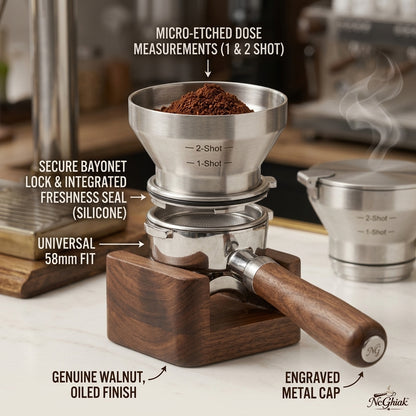 NcGhiak™ 58mm Espresso Dosing Funnel and Coffee Scoop Set - 2-in-1 Portafilter Dosing Ring with Freshness Seal Lid, Genuine Walnut Handle Measuring Spoon, 1-Shot & 2-Shot Markings, Mess-Free Barista Accessories
