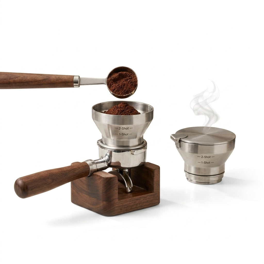 NcGhiak™ 58mm Espresso Dosing Funnel and Coffee Scoop Set - 2-in-1 Portafilter Dosing Ring with Freshness Seal Lid, Genuine Walnut Handle Measuring Spoon, 1-Shot & 2-Shot Markings, Mess-Free Barista Accessories