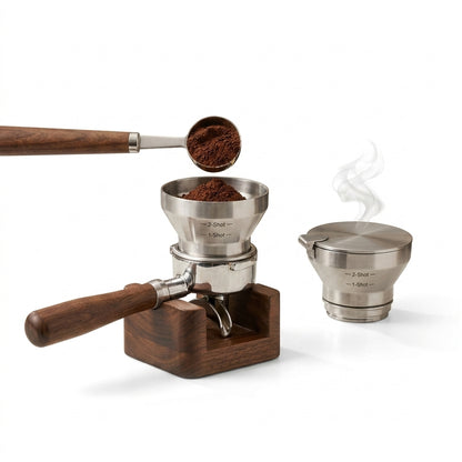 NcGhiak™ 58mm Espresso Dosing Funnel and Coffee Scoop Set - 2-in-1 Portafilter Dosing Ring with Freshness Seal Lid, Genuine Walnut Handle Measuring Spoon, 1-Shot & 2-Shot Markings, Mess-Free Barista Accessories