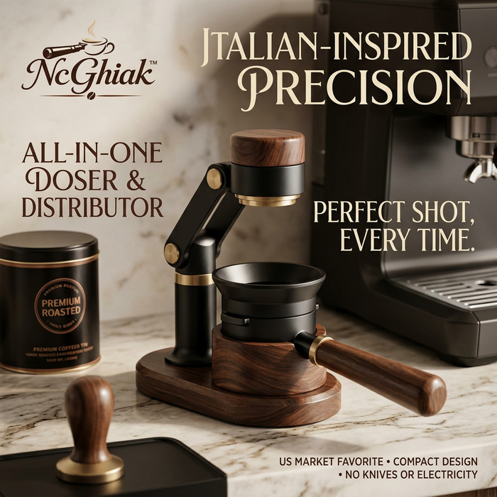 NcGhiak™ All-in-One Espresso Doser and Distributor | Premium Walnut Wood & Matte Black Coffee Distribution Station | Manual Espresso Prep Tool & Portafilter Stand | Elegant Barista Accessories for Home Cafe