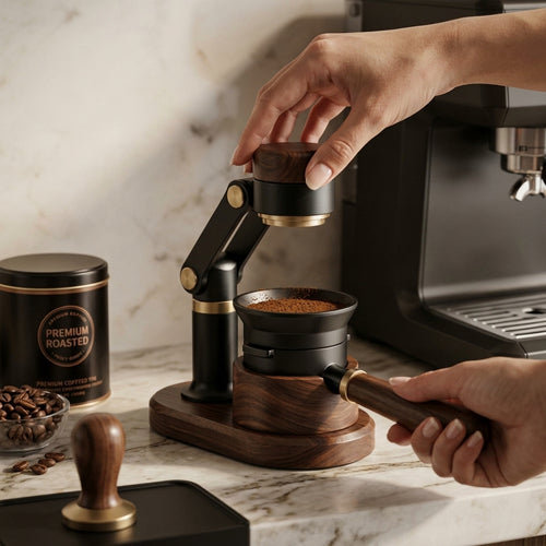 NcGhiak™ All-in-One Espresso Doser and Distributor | Premium Walnut Wood & Matte Black Coffee Distribution Station | Manual Espresso Prep Tool & Portafilter Stand | Elegant Barista Accessories for Home Cafe