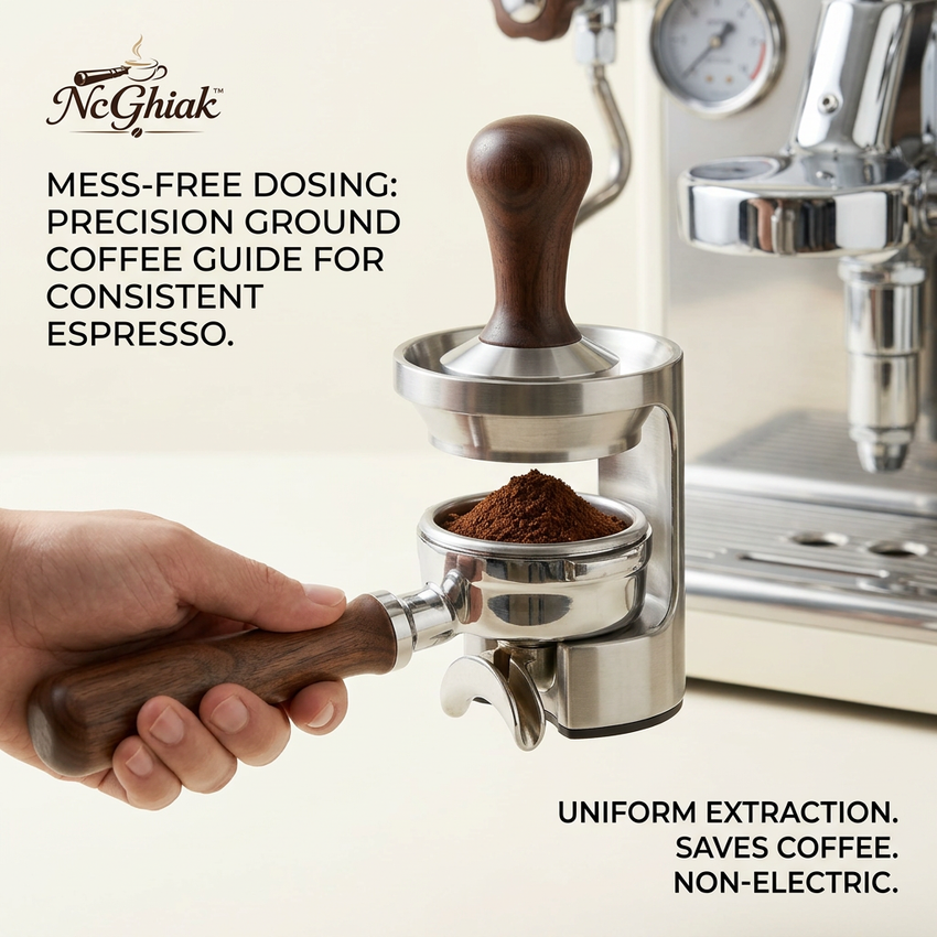 NcGhiak™ Espresso Dosing Guide and Tamping Station | Precision Coffee Portafilter Holder with Integrated Dosing Funnel | Mess-Free Home Barista Tool for Uniform Extraction & Consistent Espresso Shots