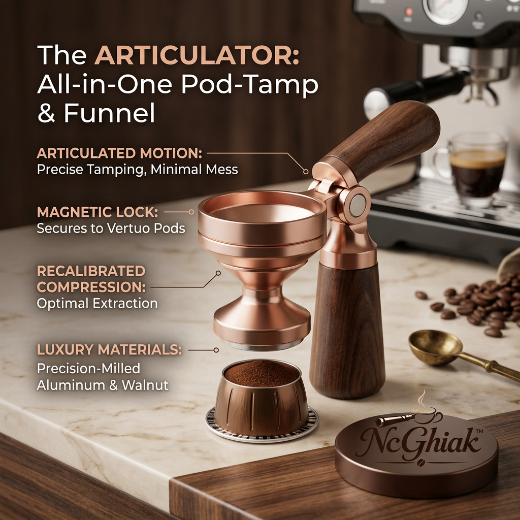 NcGhiak™ Articulated Coffee Pod Tamper and Funnel for Vertuo Pods | Premium Walnut Wood & Precision-Milled Aluminum All-in-One Espresso Refill Tool | Reusable Capsule Filling Funnel & Calibrated Tamper for VertuoLine
