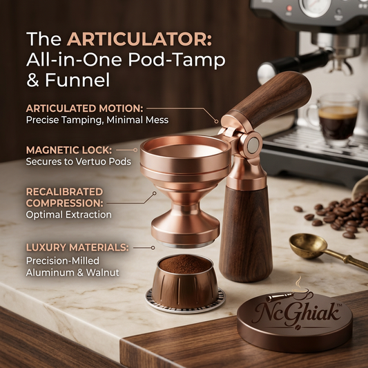 NcGhiak™ Articulated Coffee Pod Tamper and Funnel for Vertuo Pods | Premium Walnut Wood & Precision-Milled Aluminum All-in-One Espresso Refill Tool | Reusable Capsule Filling Funnel & Calibrated Tamper for VertuoLine