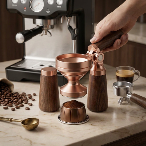 NcGhiak™ Articulated Coffee Pod Tamper and Funnel for Vertuo Pods | Premium Walnut Wood & Precision-Milled Aluminum All-in-One Espresso Refill Tool | Reusable Capsule Filling Funnel & Calibrated Tamper for VertuoLine