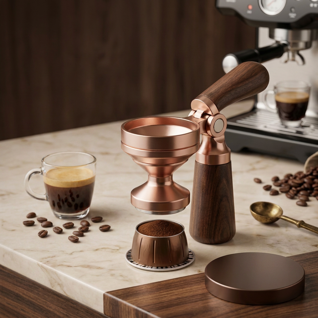 NcGhiak™ Articulated Coffee Pod Tamper and Funnel for Vertuo Pods | Premium Walnut Wood & Precision-Milled Aluminum All-in-One Espresso Refill Tool | Reusable Capsule Filling Funnel & Calibrated Tamper for VertuoLine
