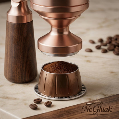 NcGhiak™ Articulated Coffee Pod Tamper and Funnel for Vertuo Pods | Premium Walnut Wood & Precision-Milled Aluminum All-in-One Espresso Refill Tool | Reusable Capsule Filling Funnel & Calibrated Tamper for VertuoLine