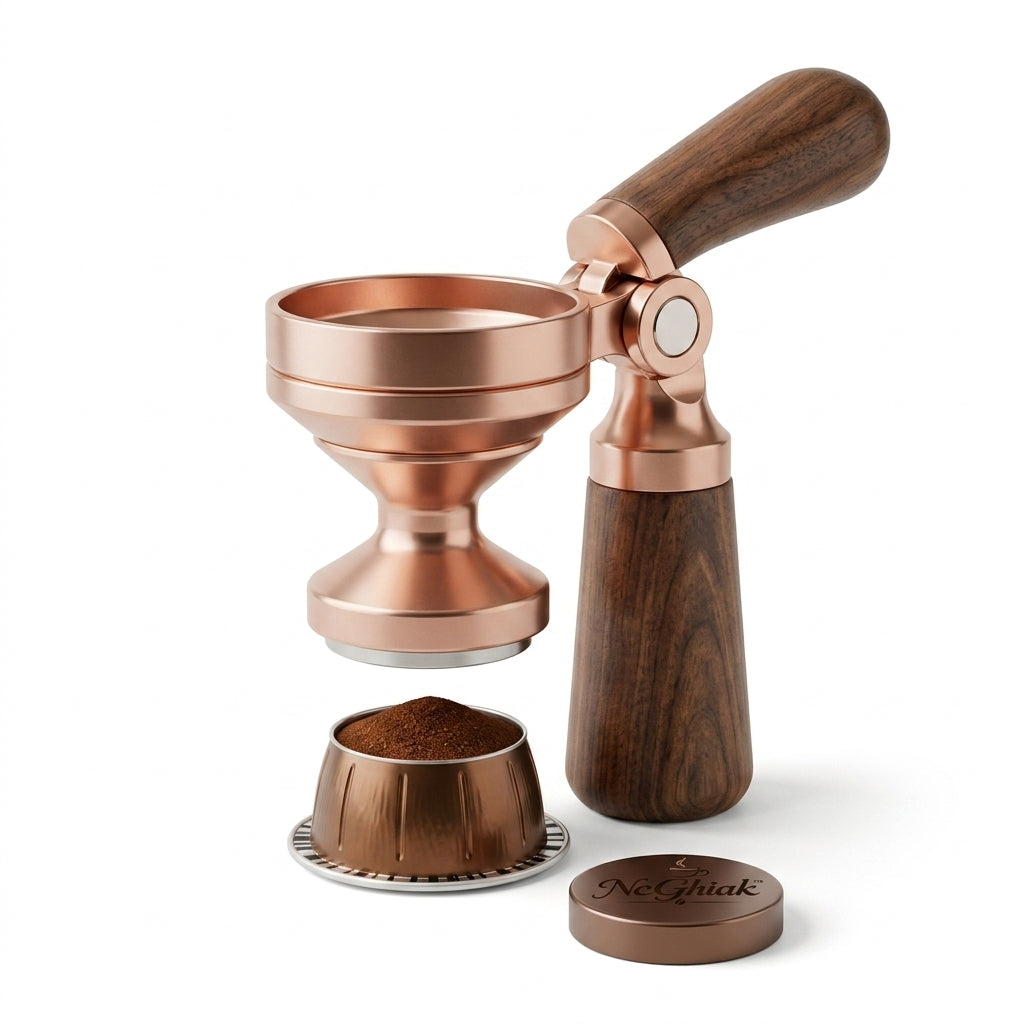 NcGhiak™ Articulated Coffee Pod Tamper and Funnel for Vertuo Pods | Premium Walnut Wood & Precision-Milled Aluminum All-in-One Espresso Refill Tool | Reusable Capsule Filling Funnel & Calibrated Tamper for VertuoLine