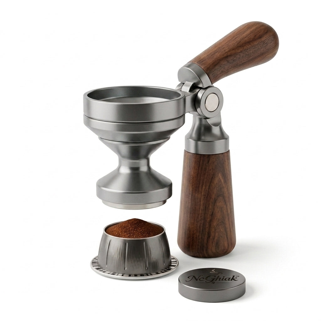 NcGhiak™ Articulated Coffee Pod Tamper and Funnel for Vertuo Pods | Premium Walnut Wood & Precision-Milled Aluminum All-in-One Espresso Refill Tool | Reusable Capsule Filling Funnel & Calibrated Tamper for VertuoLine