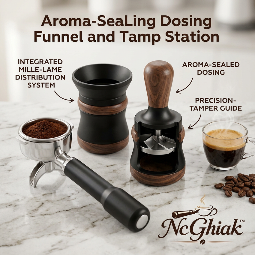 NcGhiak™ Espresso Dosing Funnel and Tamp Station - Integrated Mille-Lame Espresso Distribution Tool & Precision Tamper Guide, Premium Walnut Wood Coffee Distributor and Calibrated Tamper Set for Barista Portafilter